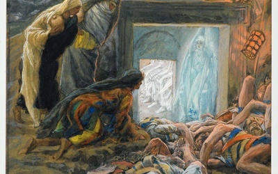 „Maria Magdalena i święte niewiasty u grobu Jezusa”.  Obraz z cyklu „Życie naszego Pana Jezusa Chrystusa”  James Tissot, 1886–1894.