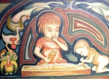 Obraz dzieci jedzących z korytka, autorstwa Eugeniusza Marca.