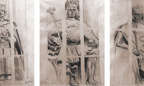 Szkice do witraży wawelskich, które nie doczekały się realizacji. Od lewej: Władysław Łokietek, Jan Olbracht, Jadwiga i Jagiełło.
