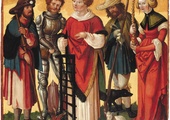 Autor nieznany Święci Jakub, Florian, Wawrzyniec, Wendelin i Genowefa  tempera na desce, 1510–1520 Muzeum Augustianów,  Fryburg Bryzgowijski