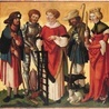 Autor nieznany Święci Jakub, Florian, Wawrzyniec, Wendelin i Genowefa  tempera na desce, 1510–1520 Muzeum Augustianów,  Fryburg Bryzgowijski