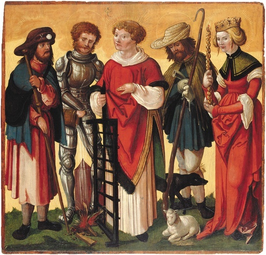 Autor nieznany Święci Jakub, Florian, Wawrzyniec, Wendelin i Genowefa  tempera na desce, 1510–1520 Muzeum Augustianów,  Fryburg Bryzgowijski