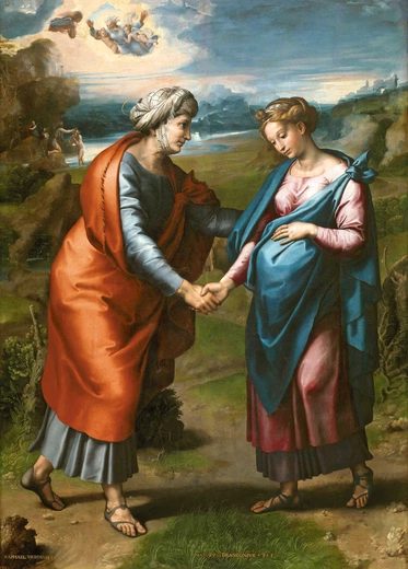 Rafael Santi, „Nawiedzenie NMP”, olej na desce, ok. 1517, Muzeum Prado, Madryt. Elżbieta patrzy życzliwie na Maryję. Losy jej syna, św. Jana Chrzciciela, będą później ściśle związane z losami Jezusa. Artysta postanowił na tym samym obrazie pokazać te powiązania. W tle możemy więc oglądać scenę o 30 lat późniejszą. Za postacią Elżbiety, z lewej strony, w rzece Jordan odbywa się chrzest, którego Jan Chrzciciel udziela Jezusowi.