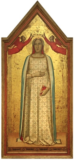 Bernardo Daddi, „Madonna del Parto”, tempera na desce, 1330–1335, Galleria Uffizi, Florencja. Jeden z najwcześniejszych wizerunków typu Madonna del Parto przedstawia koronację ciężarnej Maryi przez anioły. Złote tło oznacza, że wydarzenie to odbywa się w niebiańskiej rzeczywistości.