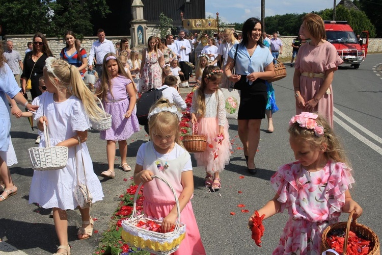 Procesja Bożego Ciała po kwietnym dywanie w Olszowej