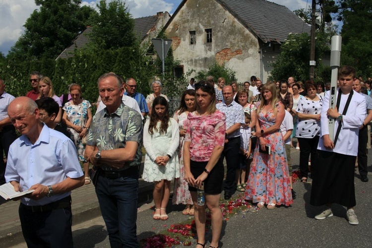 Procesja Bożego Ciała po kwietnym dywanie w Olszowej