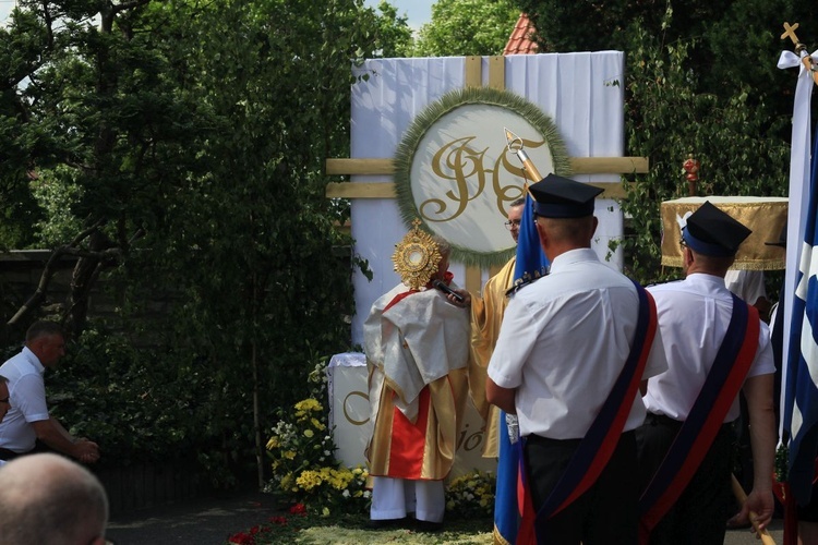 Procesja Bożego Ciała po kwietnym dywanie w Olszowej