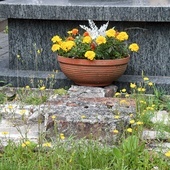Fragment spalonego kościoła – cegły ołtarzowe zachowały się przy grobie ks. Mariana Orłowskiego zmarłego w 1908 roku.