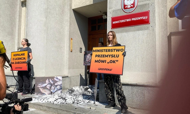 Katowice. Aktywiści pod Ministerstwem Przemysłu. Reagują w sprawie śniętych ryb