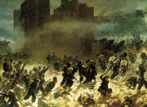 Żołnierze włoscy  20 września 1870 r. idą do szturmu  na starożytny mur Aureliana  otaczający Rzym.  Wyłomu przy Porta Pia  broni wojsko papieża.  Obraz Carla Ademollo.