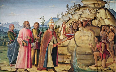 Św. Klemens uderzający w skałę na płótnie z XV w.