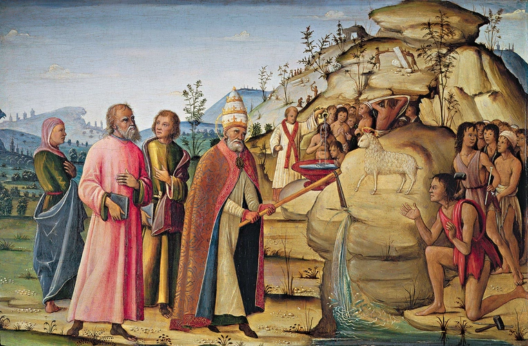 Św. Klemens uderzający w skałę na płótnie z XV w.