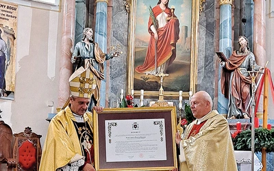 	Bp Roman Pindel i kustosz ks. Jacek Kobiałka prezentują dekret.