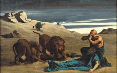 Paweł, pierwszy pustelnik, pogrzebany przez lwy na płótnie Alexandre Cabanela