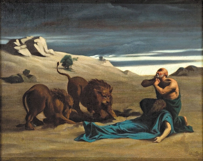 Paweł, pierwszy pustelnik, pogrzebany przez lwy na płótnie Alexandre Cabanela
