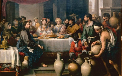Pierwszy cud Jezusa – przemiana wody w wino podczas wesela w Kanie Galilejskiej na obrazie Bartolomé Estebana Péreza Murillo, zatytułowanym „Gody w Kanie” (1675).