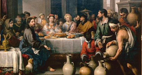 Pierwszy cud Jezusa – przemiana wody w wino podczas wesela w Kanie Galilejskiej na obrazie Bartolomé Estebana Péreza Murillo, zatytułowanym „Gody w Kanie” (1675).