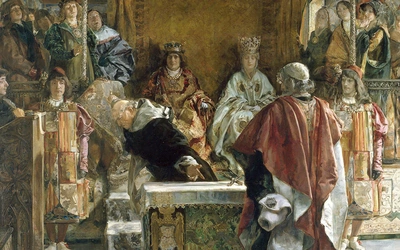 Granada, rok 1492. Inkwizytor Tomas de Torquemada, sam pochodzący z rodziny żydowskich konwertytów, przekonuje parę królewską  – Izabelę Kastylijską i Ferdynanda Aragońskiego  – do wypędzenia Żydów z Hiszpanii.  Autorem obrazu z 1889 r. jest Emilio Sala Frances.