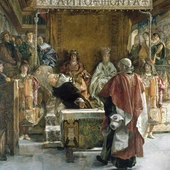 Granada, rok 1492. Inkwizytor Tomas de Torquemada, sam pochodzący z rodziny żydowskich konwertytów, przekonuje parę królewską  – Izabelę Kastylijską i Ferdynanda Aragońskiego  – do wypędzenia Żydów z Hiszpanii.  Autorem obrazu z 1889 r. jest Emilio Sala Frances.