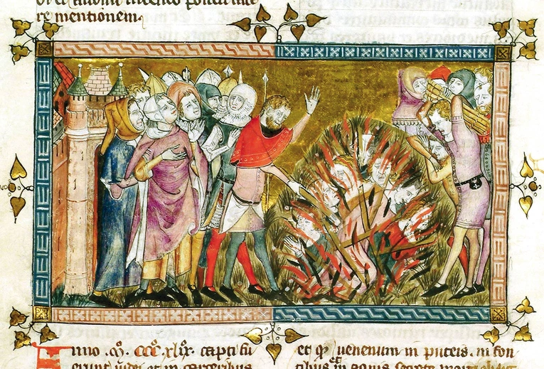 Żydzi paleni na stosie w 1349 roku.  W Europie Zachodniej oskarżano ich wtedy  o sprowadzenie epidemii czarnej śmierci.  Miniatura w księdze Antiquitates Flandriae z 1376-1377 r.