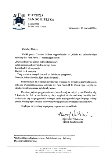 Zachęta biskupa sandomierskiego na 20. rocznicę śmierci św. Jana Pawła II