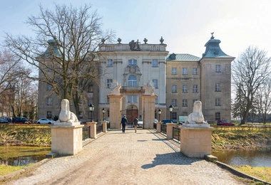Cały zamek i park otoczone są fosą, a do głównego wejścia prowadzi most, którego strzegą sfinksy