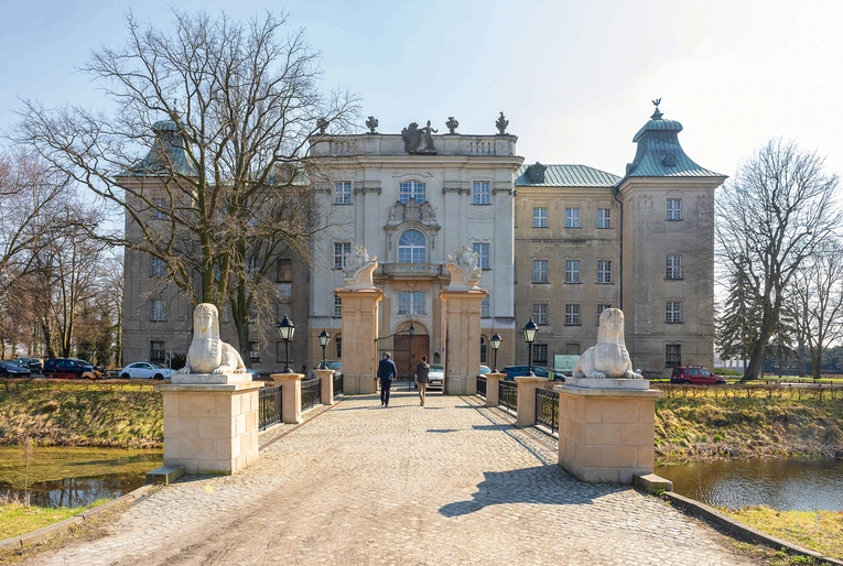 Cały zamek i park otoczone są fosą, a do głównego wejścia prowadzi most, którego strzegą sfinksy