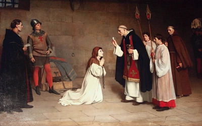 Joanna  przyjmuje  Komunię św.  w więzieniu.  Obraz w muzeum  w wieży w Rouen.