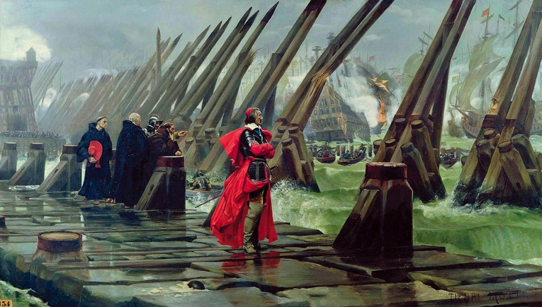Kardynał Richelieu na wielkiej zaporze w czasie oblężenia La Rochelle – XIX-wieczny obraz Henri-Paula Motte.
