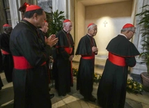 Kardynałowie modlący się przed grobem Franciszka