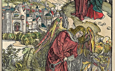 Albrecht Dürer Anioł z kluczem  do otchłani kolorowany drzeworyt na papierze, 1498 Biblioteka Houghton,  Cambridge (USA)