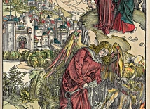 Albrecht Dürer Anioł z kluczem  do otchłani kolorowany drzeworyt na papierze, 1498 Biblioteka Houghton,  Cambridge (USA)