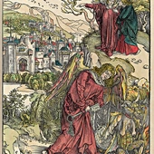 Albrecht Dürer Anioł z kluczem  do otchłani kolorowany drzeworyt na papierze, 1498 Biblioteka Houghton,  Cambridge (USA)