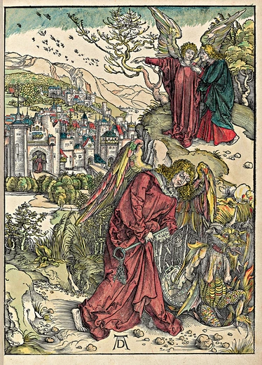 Albrecht Dürer Anioł z kluczem  do otchłani kolorowany drzeworyt na papierze, 1498 Biblioteka Houghton,  Cambridge (USA)