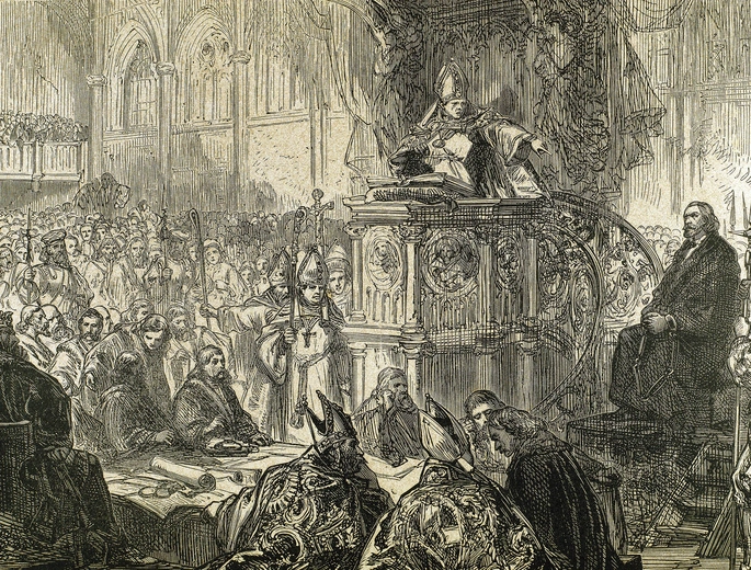 Rycina przedstawiająca skazanie Jana Husa  na soborze w Konstancji 1414 r. 