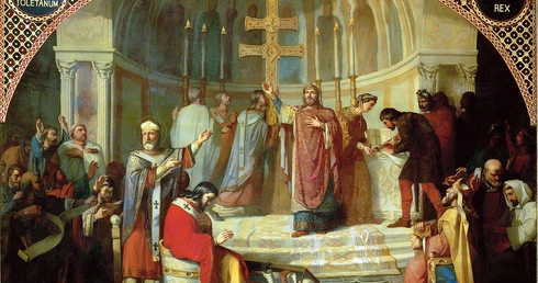 III synod w Toledo w 589 roku i konwersja na katolicyzm króla Wizygotów, Rekkareda I.  Obraz znajduje się w hiszpańskim senacie w Madrycie.  