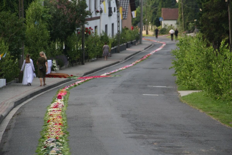 Ołtarze i kwietny dywan  na procesję Bożego Ciała w Zimnej Wódce