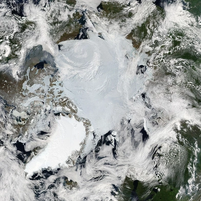 Arktyka z kosmosu. Z rzucającą się w oczy biała plamą duńskiej Grenlandii