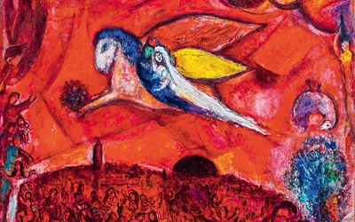 Marc Chagall, „Pieśń nad Pieśniami IV”. „Ja śpię, lecz serce me czuwa: Cicho! Oto miły mój puka! »Otwórz mi, siostro moja, przyjaciółko moja, gołąbko moja, ty moja nieskalana, bo pełna rosy ma głowa i kędziory me – kropli nocy«”. To jeden z  najbardziej znanych obrazów artysty z cyklu „Pieśń nad Pieśniami”.