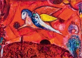 Marc Chagall, „Pieśń nad Pieśniami IV”. „Ja śpię, lecz serce me czuwa: Cicho! Oto miły mój puka! »Otwórz mi, siostro moja, przyjaciółko moja, gołąbko moja, ty moja nieskalana, bo pełna rosy ma głowa i kędziory me – kropli nocy«”. To jeden z  najbardziej znanych obrazów artysty z cyklu „Pieśń nad Pieśniami”.