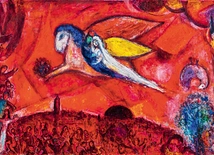 Marc Chagall, „Pieśń nad Pieśniami IV”. „Ja śpię, lecz serce me czuwa: Cicho! Oto miły mój puka! »Otwórz mi, siostro moja, przyjaciółko moja, gołąbko moja, ty moja nieskalana, bo pełna rosy ma głowa i kędziory me – kropli nocy«”. To jeden z  najbardziej znanych obrazów artysty z cyklu „Pieśń nad Pieśniami”.