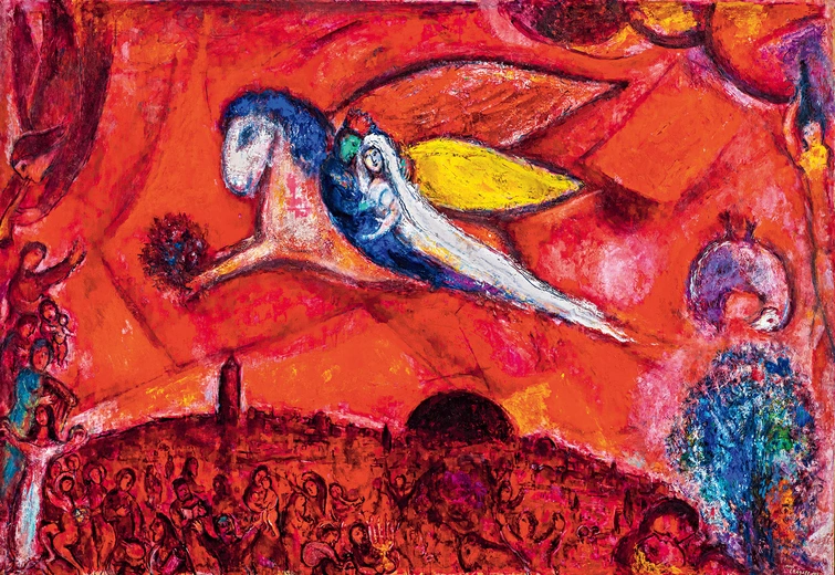 Marc Chagall, „Pieśń nad Pieśniami IV”. „Ja śpię, lecz serce me czuwa: Cicho! Oto miły mój puka! »Otwórz mi, siostro moja, przyjaciółko moja, gołąbko moja, ty moja nieskalana, bo pełna rosy ma głowa i kędziory me – kropli nocy«”. To jeden z  najbardziej znanych obrazów artysty z cyklu „Pieśń nad Pieśniami”.
