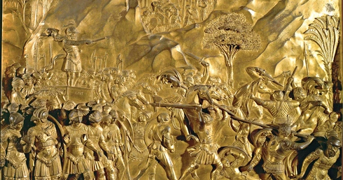 Bitwa Izraelitów z Filistynami opisana w 17. rozdziale Pierwszej Księgi Samuela. Na zdjęciu: walka, w której młody Dawid pokonuje Filistyna Goliata, przedstawiona na brązowych drzwiach wyrzeźbionych przez Lorenzo Ghibertiego do baptysterium katedry florenckiej (XV w.).