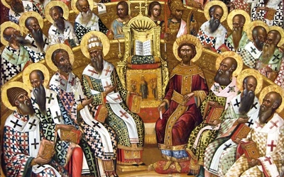 „Sobór nicejski” – ikona Michaela Damaskenosa﻿ z XVI wieku, przechowywana w muzeum w Heraklionie.