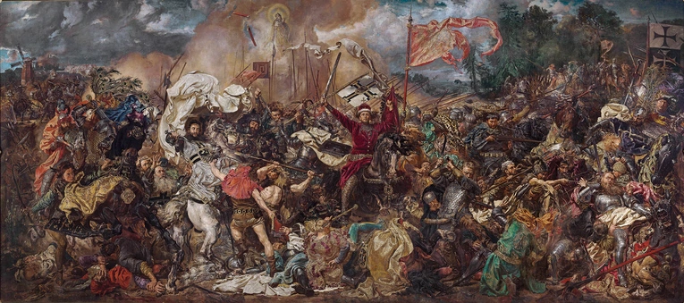 „Bitwa pod Grunwaldem” Jana Matejki – fragment z Wielkim Mistrzem Ulrichem von Jungingenem, który za moment zginie, oraz wielkim księciem litewskim Witoldem. W centrum Polak wyrywa Niemcowi krzyżacką chorągiew.