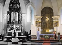 Późnobarokowa nastawa ołtarzowa w „starym” kościele MB Bolesnej w Rybniku, wzniesionym w latach 1788–1801 Po prawej to samo miejsce po soborze: pieta i malowidło o ciemnych barwach.