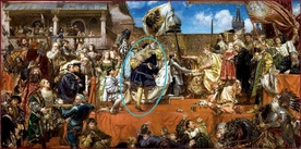 Książę Fryderyk II legnicki (zaznaczony) stoi za składającym hołd lenny Zygmuntowi Staremu Albrehtem Hochenzollernem. Podnosi w górę prawą rękę w geście poświadczenia i obietnicy, że będzie pilnował wypełniania postanowień układu