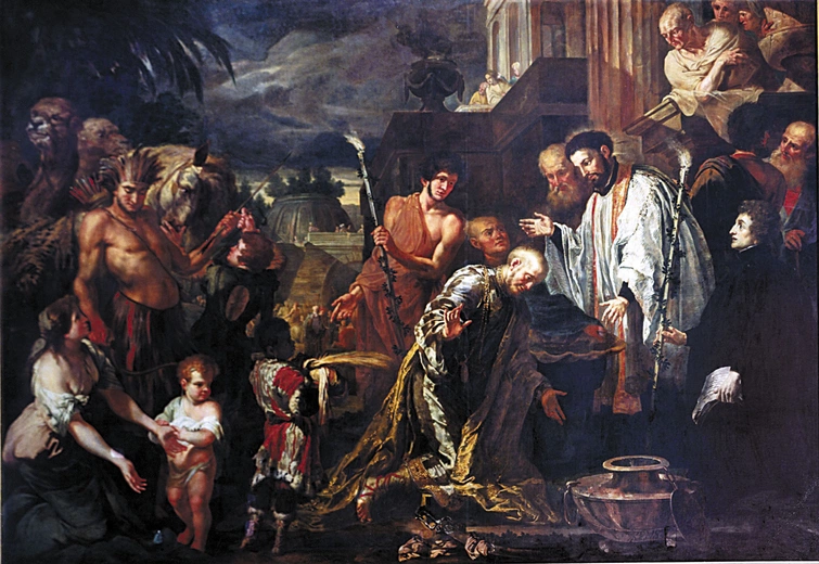 Św. Franciszek Ksawery chrzci pogańskiego króla. Obraz na płótnie Petera Ykensa
