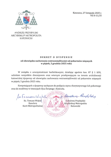 Archidiecezja katowicka. Dyspensa w piątek, 5 grudnia