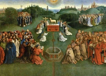 Wizja adoracji Baranka,  opisana w rozdziałach  4, 5 i 14 Apokalipsy św. Jana, z Ołtarza Gandawskiego autorstwa Huberta i Jana van Eycków.